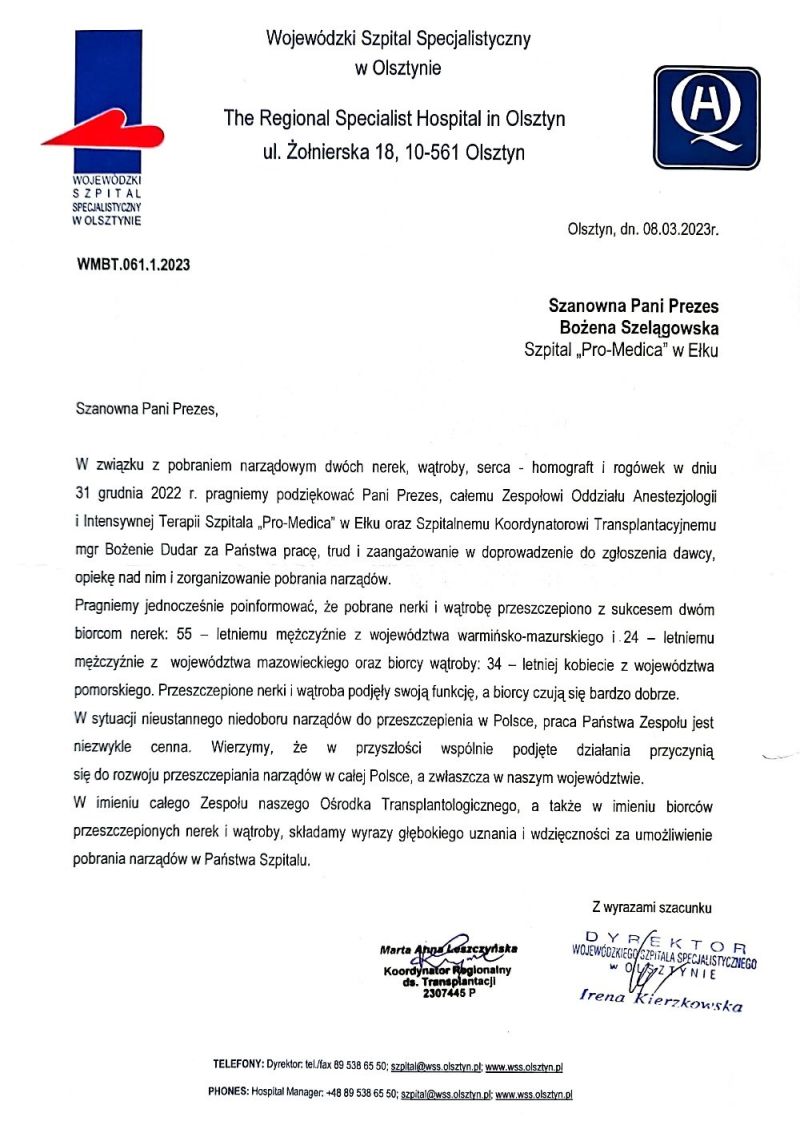 Podziękowanie z Wojewódzkiego Szpitala Specjalistycznego w Olsztynie za przeprowadzone pobranie narządów